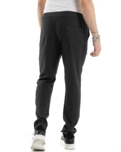Pantaloni Uomo Lino Pantalaccio Elastico Morbido Basic Regular Fit Nero P6096A