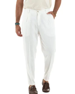 Pantaloni uomo lino sartoriale pinces tasche america elastico bianco GIOSAL-P6325A