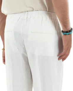 Pantaloni uomo lino sartoriale pinces tasche america elastico bianco GIOSAL-P6325A