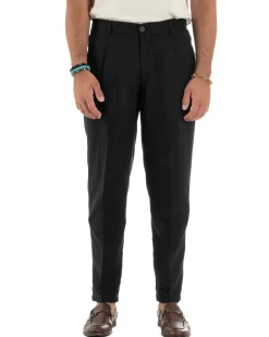 Pantaloni uomo lino sartoriale pinces tasche america elastico nero GIOSAL-P6322A