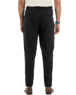 Pantaloni uomo lino sartoriale pinces tasche america elastico nero GIOSAL-P6322A