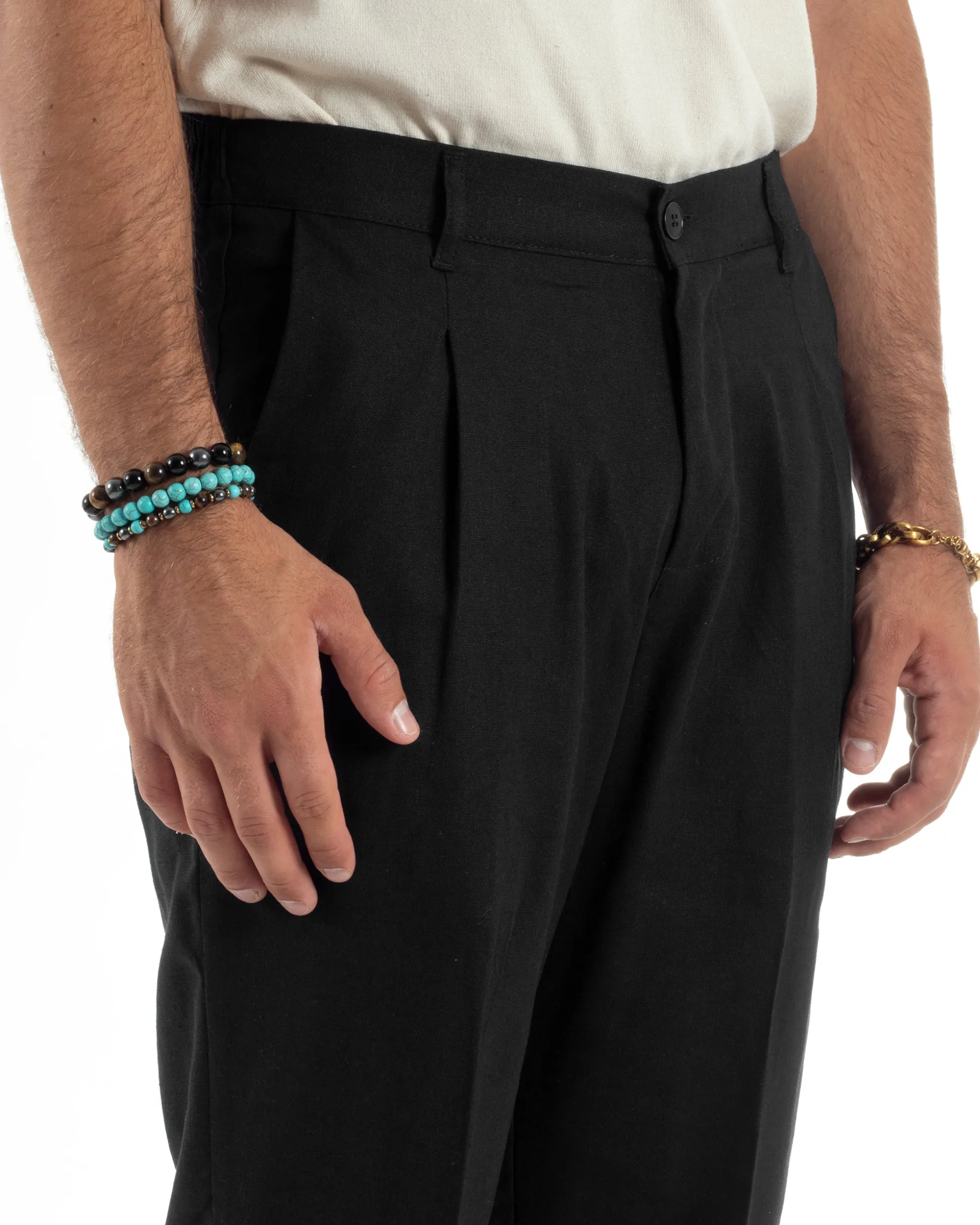 Pantaloni uomo lino sartoriale pinces tasche america elastico nero GIOSAL-P6322A