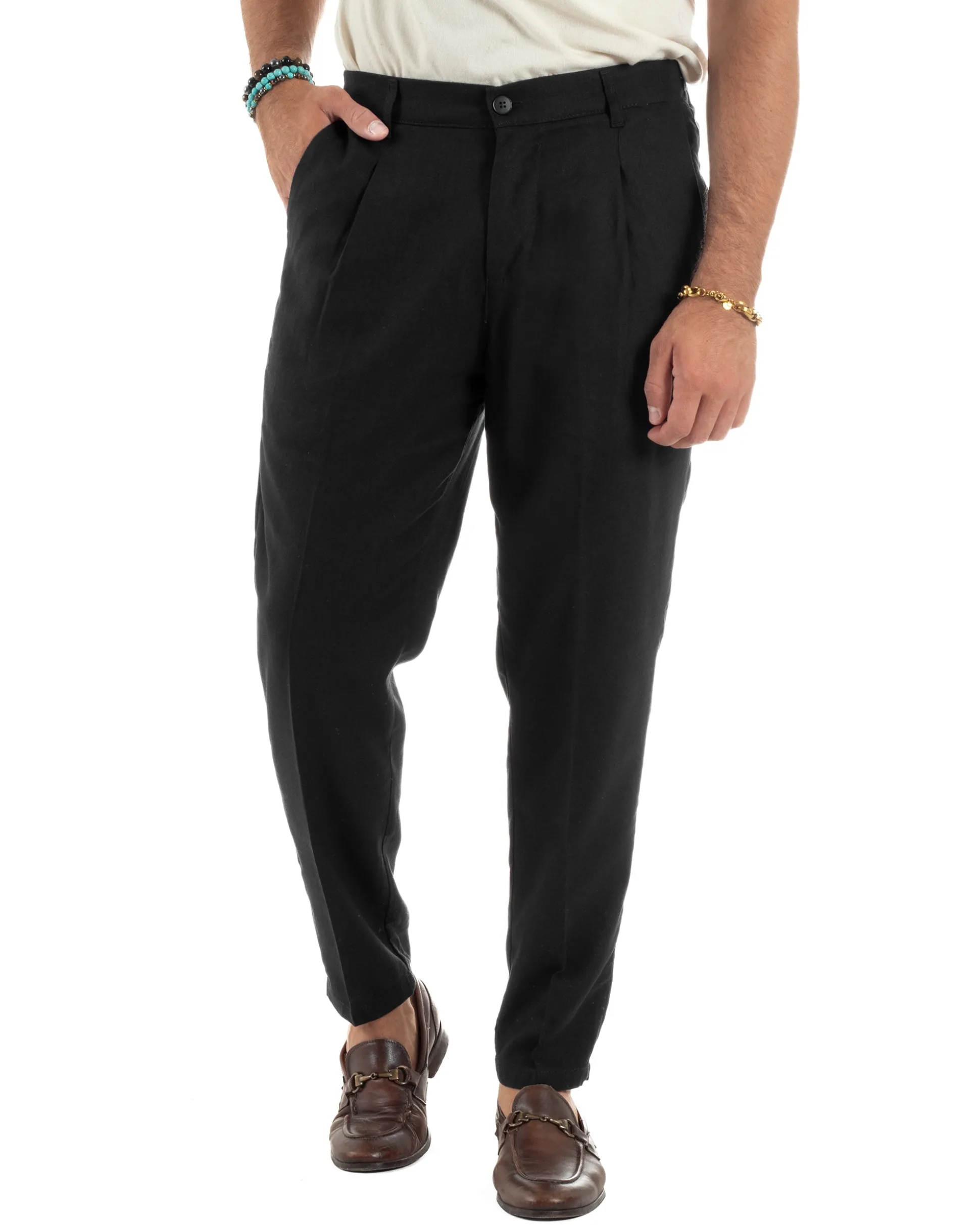 Pantaloni uomo lino sartoriale pinces tasche america elastico nero GIOSAL-P6322A