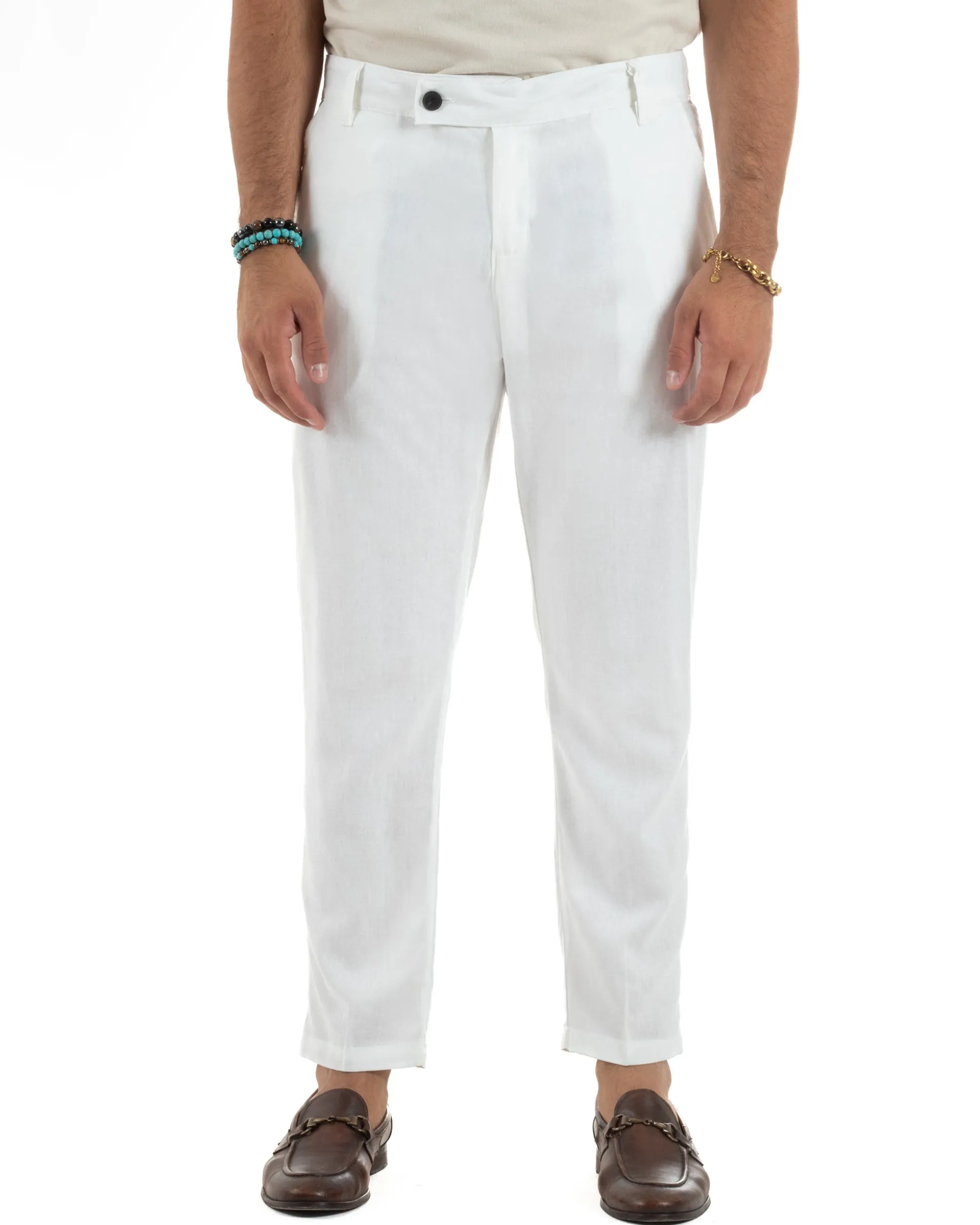 Pantaloni uomo lino sartoriale abbottonatura allungata bianco P6329A