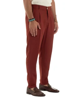Pantaloni uomo lino sartoriale pinces tasche america elastico mattone GIOSAL-P6324A