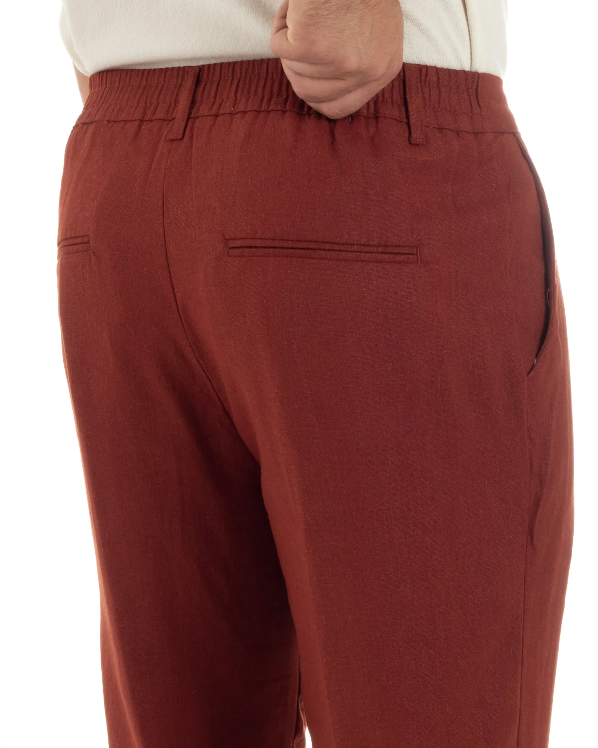 Pantaloni uomo lino sartoriale pinces tasche america elastico mattone GIOSAL-P6324A