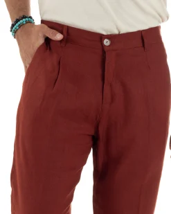 Pantaloni uomo lino sartoriale pinces tasche america elastico mattone GIOSAL-P6324A