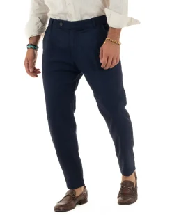 Pantaloni uomo lino sartoriale abbottonatura allungata blu P6326A