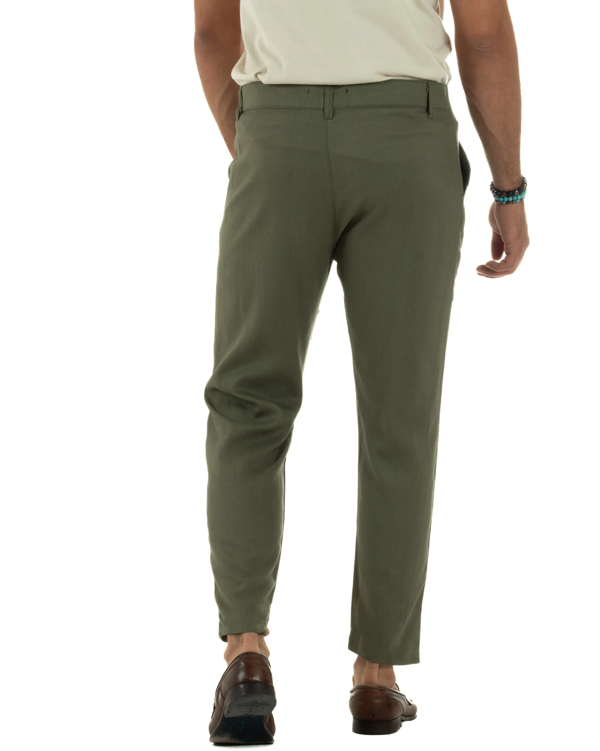 Pantaloni uomo lino sartoriale abbottonatura allungata verde militare P6330A
