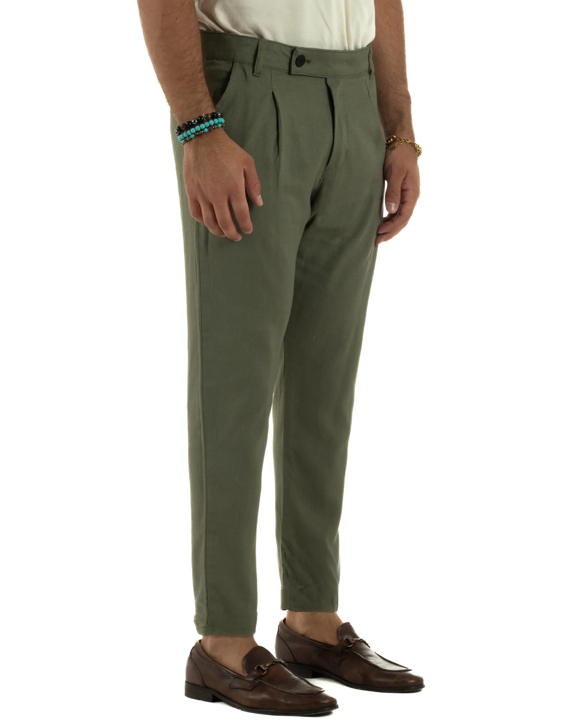 Pantaloni uomo lino sartoriale abbottonatura allungata verde militare P6330A