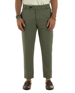 Pantaloni uomo lino sartoriale abbottonatura allungata verde militare P6330A