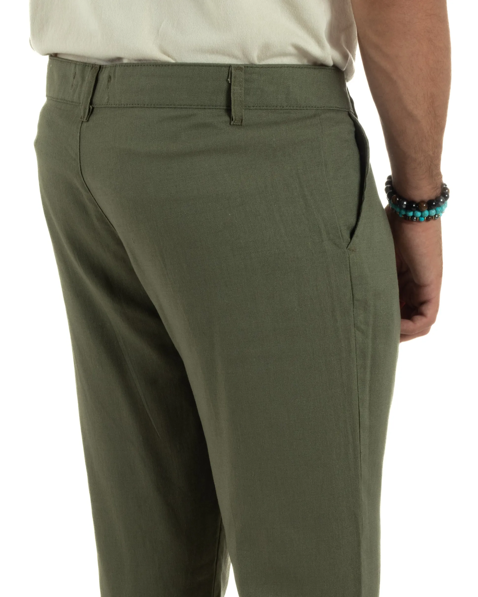 Pantaloni uomo lino sartoriale abbottonatura allungata verde militare P6330A