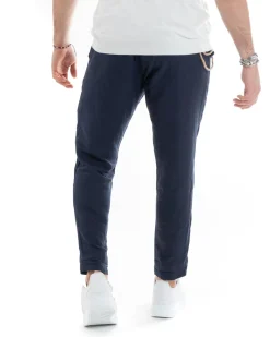 Pantaloni Uomo Lino Tasche America Pinces Classico Sartoriale Blu GIOSAL-P5790A