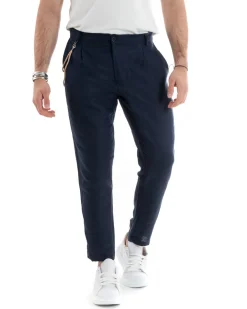 Pantaloni Uomo Lino Tasche America Pinces Classico Sartoriale Blu GIOSAL-P5790A