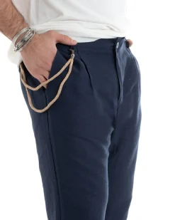 Pantaloni Uomo Lino Tasche America Pinces Classico Sartoriale Blu GIOSAL-P5790A
