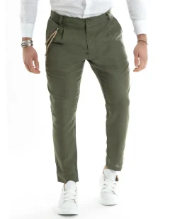 Pantaloni Uomo Lino Tasche America Pinces Classico Sartoriale Verde Militare GIOSAL-P5789A