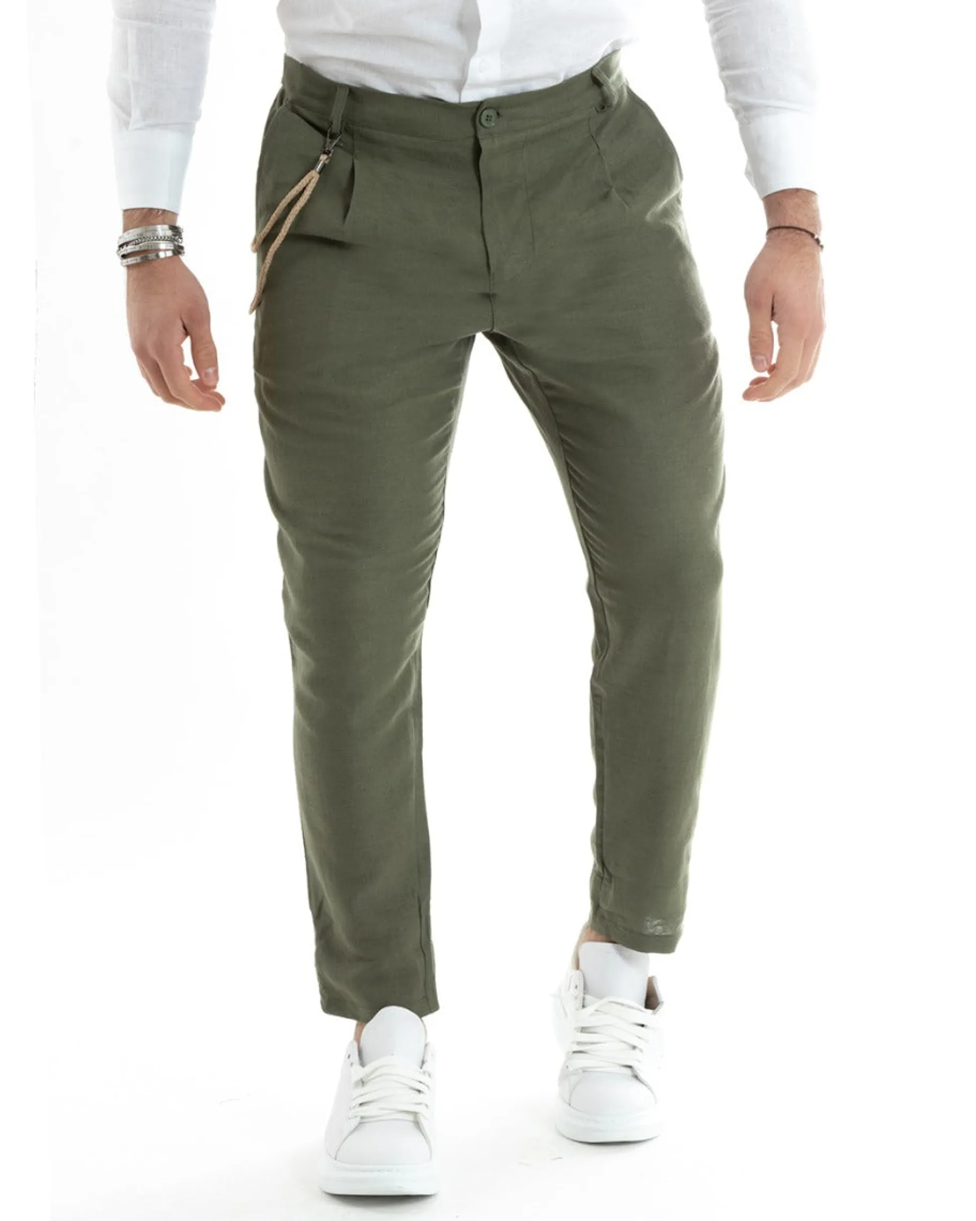Pantaloni Uomo Lino Tasche America Pinces Classico Sartoriale Verde Militare GIOSAL-P5789A