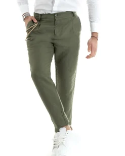 Pantaloni Uomo Lino Tasche America Pinces Classico Sartoriale Verde Militare GIOSAL-P5789A