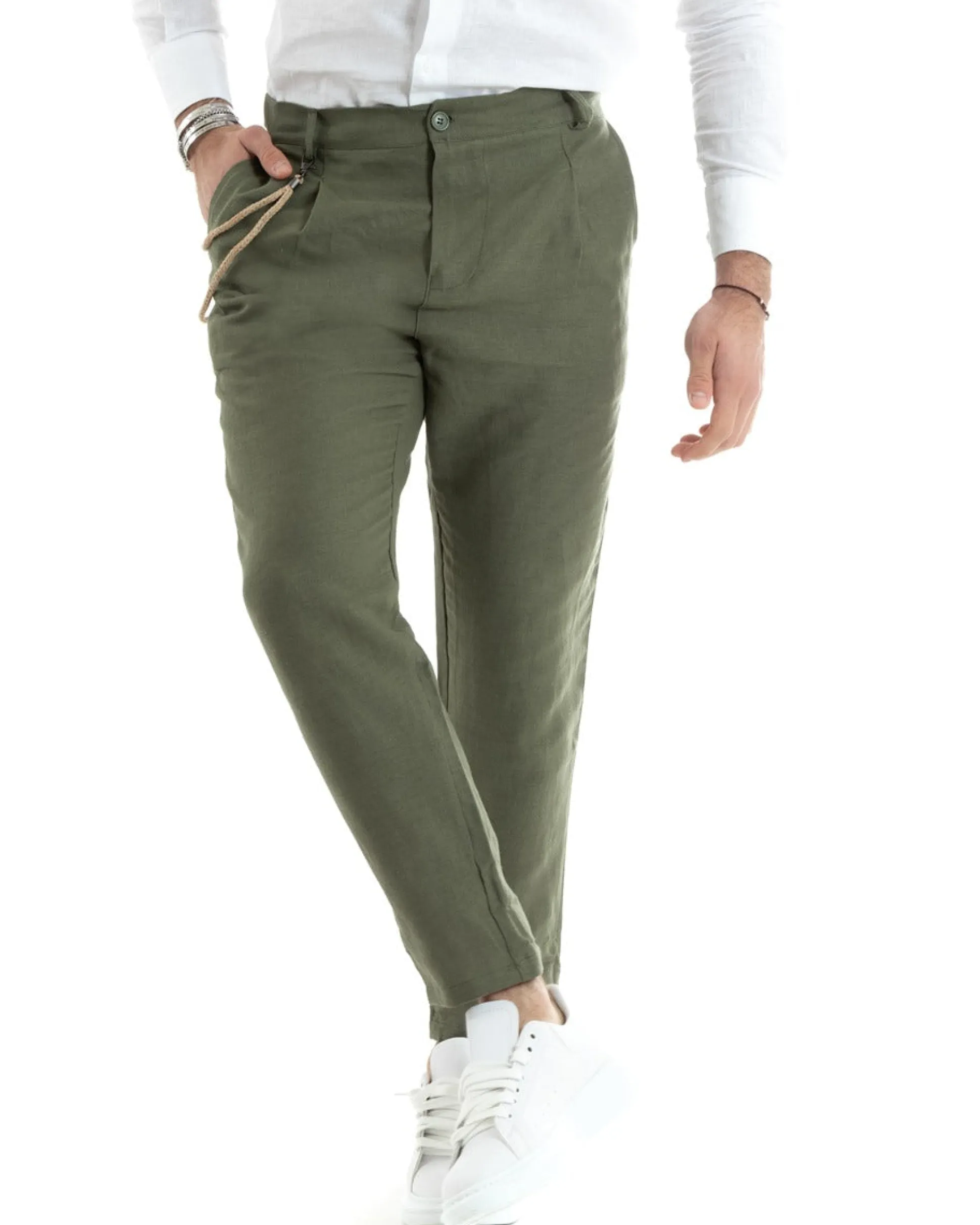 Pantaloni Uomo Lino Tasche America Pinces Classico Sartoriale Verde Militare GIOSAL-P5789A
