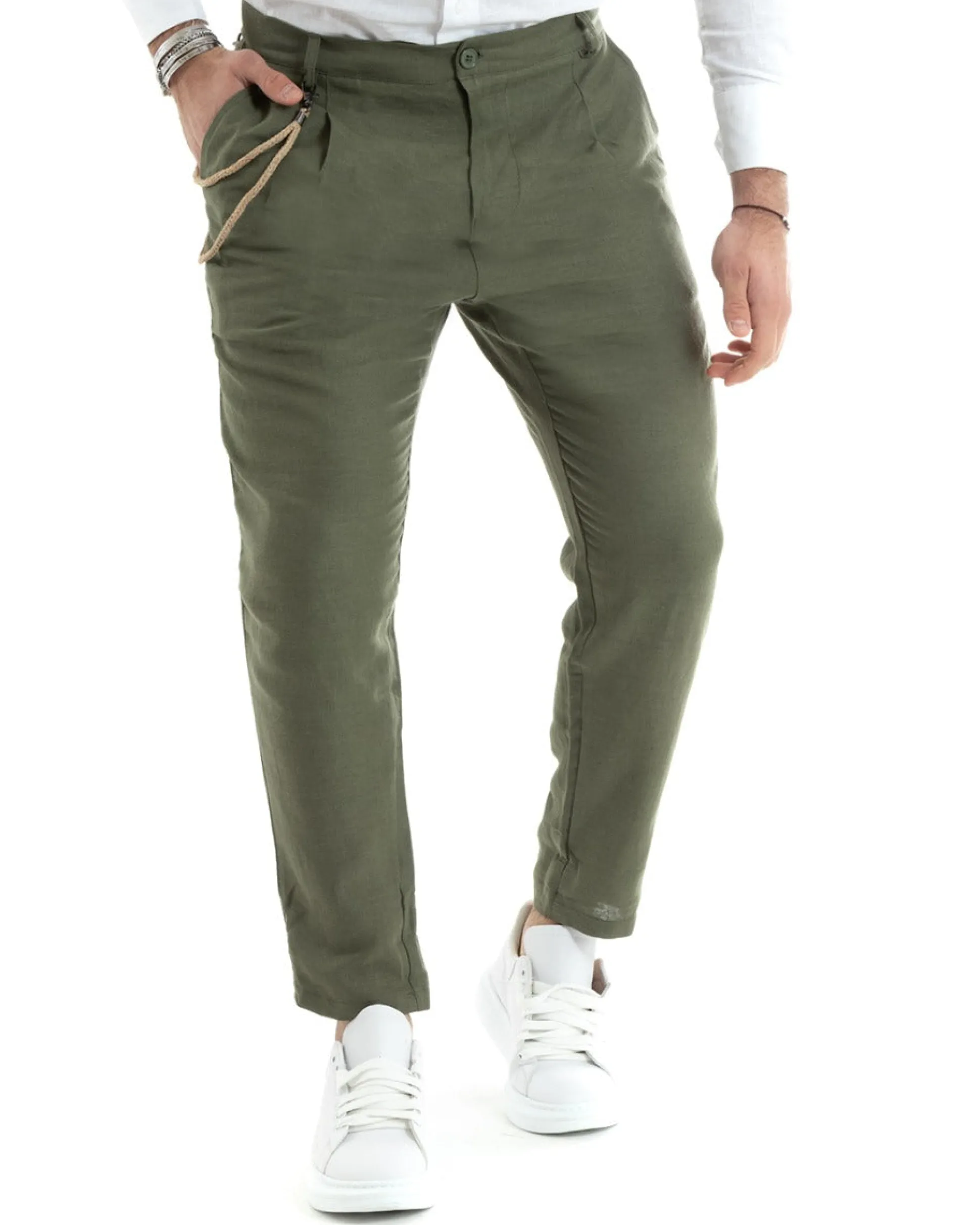 Pantaloni Uomo Lino Tasche America Pinces Classico Sartoriale Verde Militare GIOSAL-P5789A