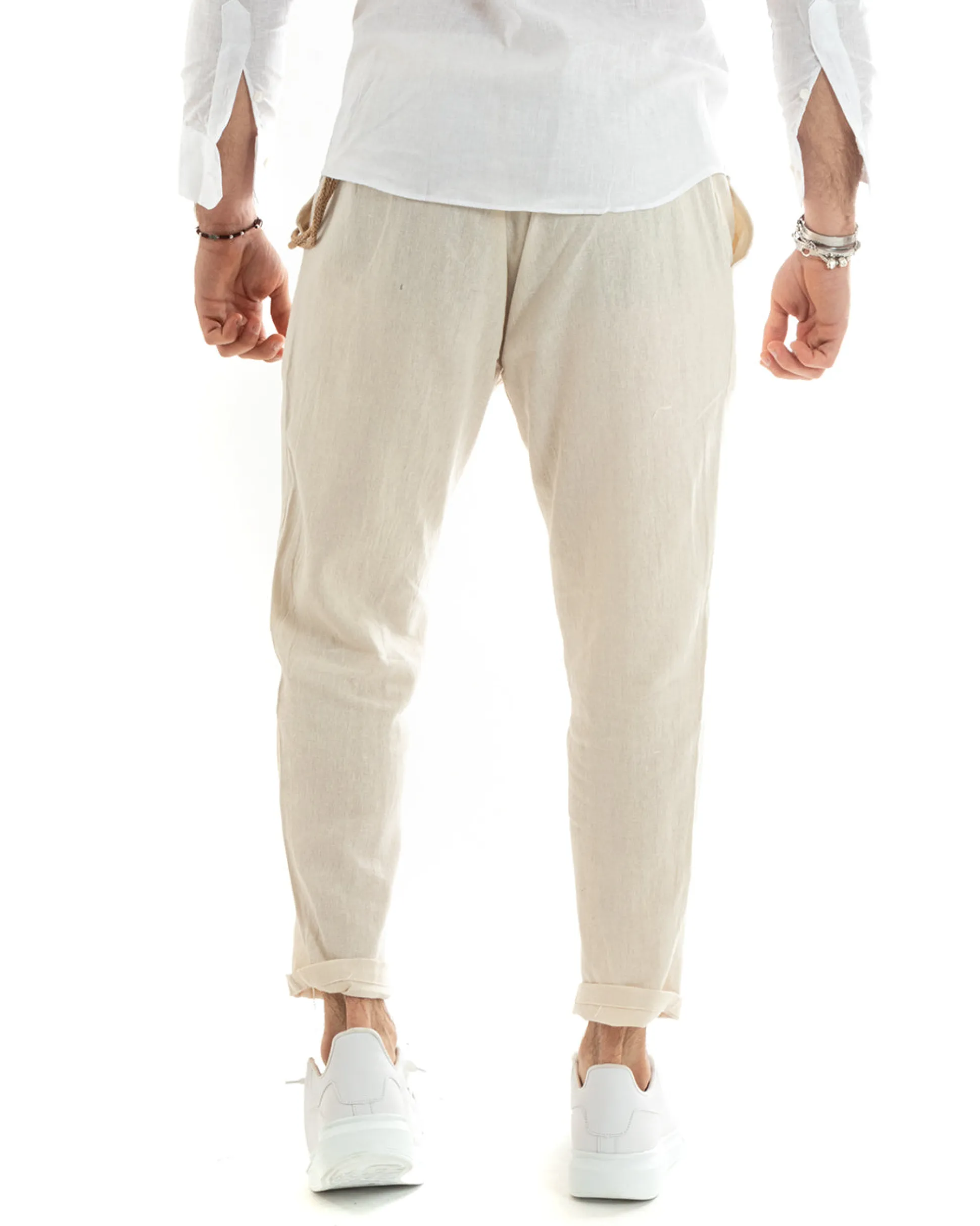 Pantaloni Uomo Lino Tasche America Pinces Classico Sartoriale Beige GIOSAL-P5788A