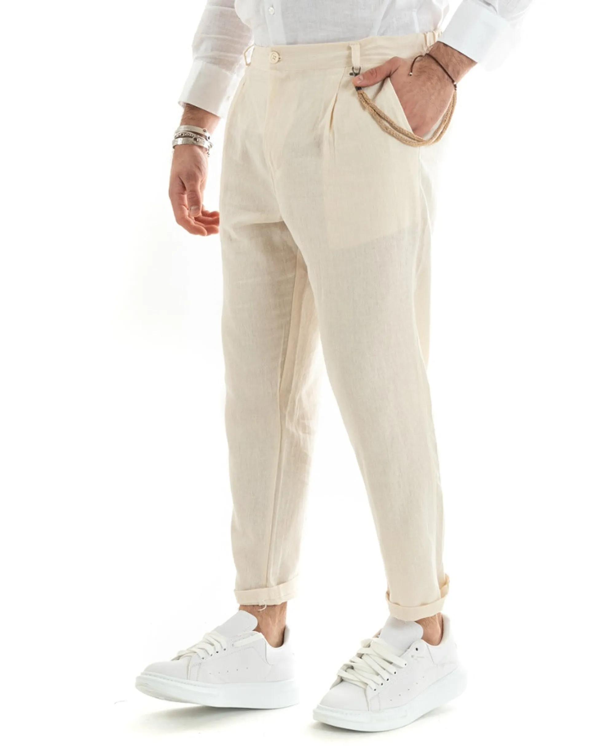 Pantaloni Uomo Lino Tasche America Pinces Classico Sartoriale Beige GIOSAL-P5788A