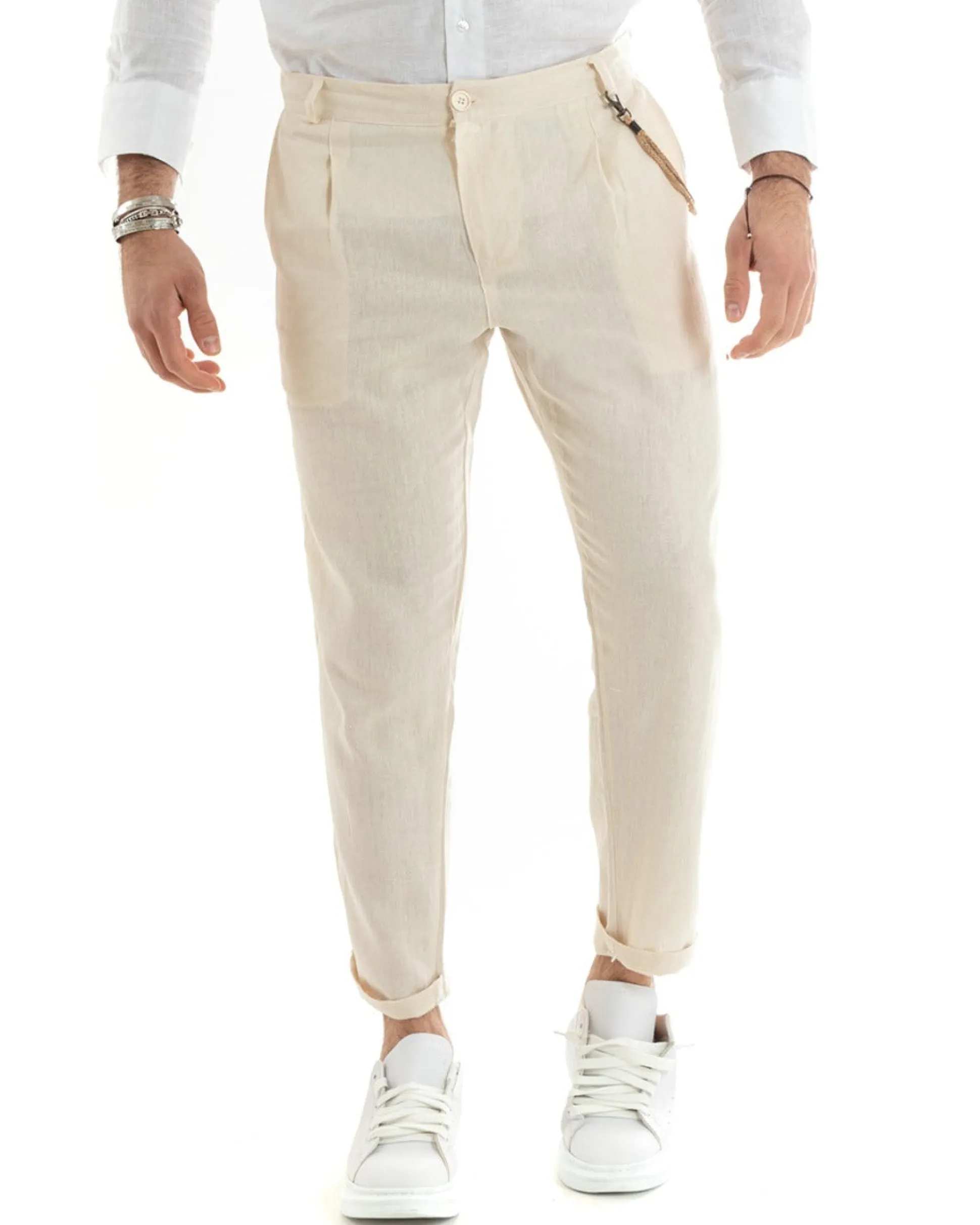 Pantaloni Uomo Lino Tasche America Pinces Classico Sartoriale Beige GIOSAL-P5788A