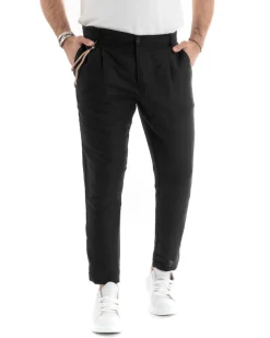 Pantaloni Uomo Lino Tasche America Pinces Classico Sartoriale Nero GIOSAL-P5791A