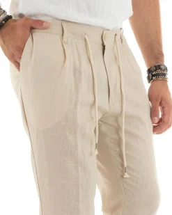 Pantaloni uomo lino tasche america elastico sul retro pinces laccio beige GIOSAL-P5836A