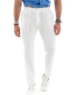 Pantaloni uomo lino tasche america elastico sul retro pinces laccio bianco GIOSAL-P5833A