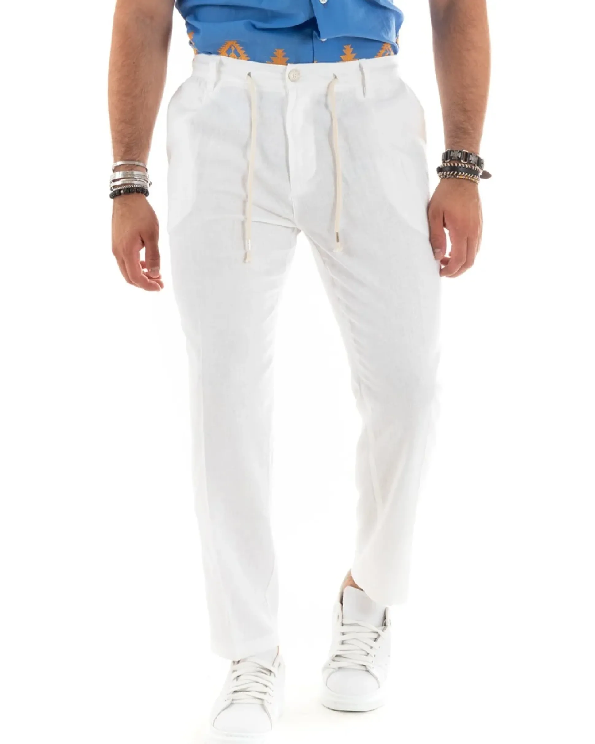 Pantaloni uomo lino tasche america elastico sul retro pinces laccio bianco GIOSAL-P5833A
