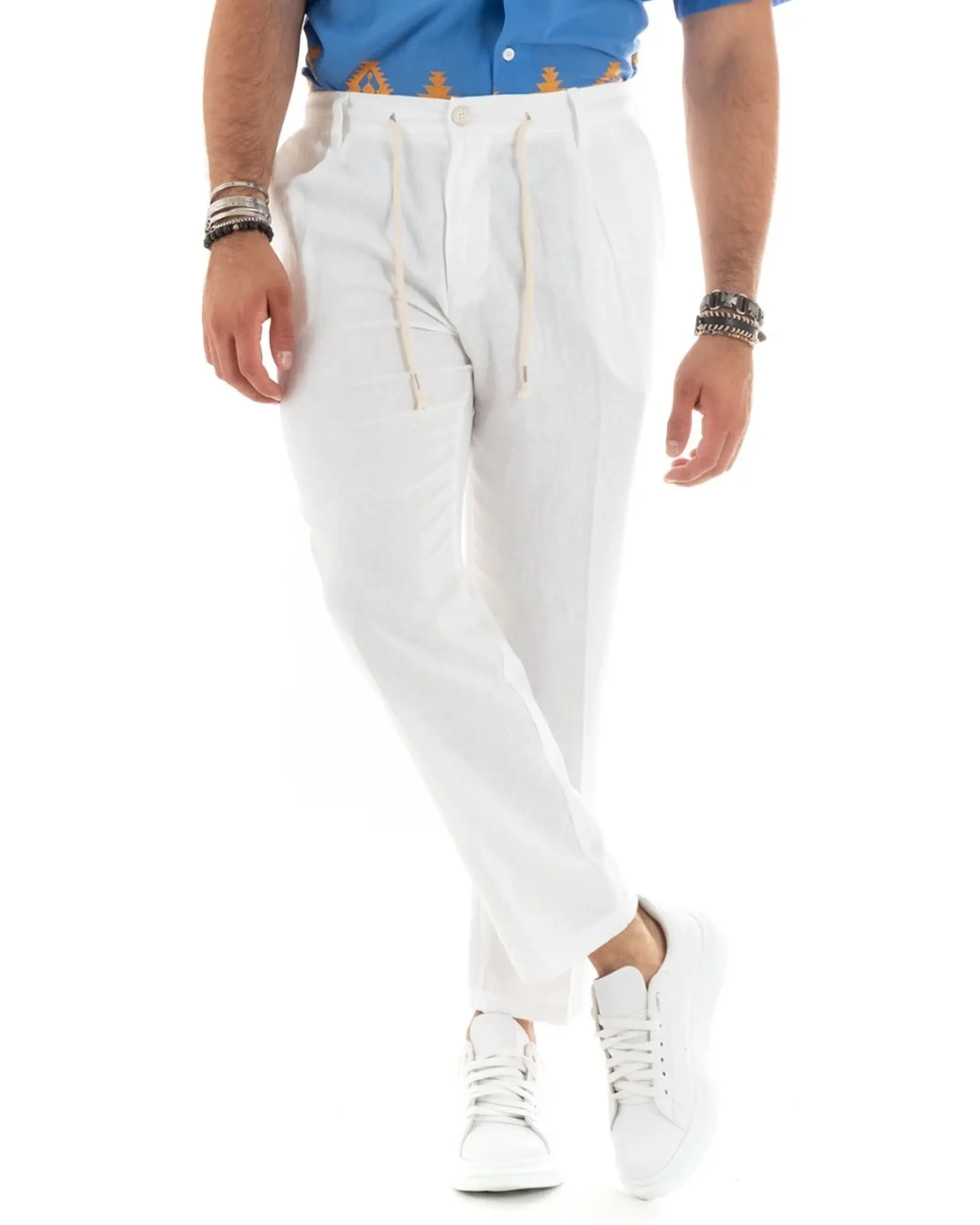 Pantaloni uomo lino tasche america elastico sul retro pinces laccio bianco GIOSAL-P5833A