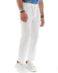 Pantaloni uomo lino tasche america elastico sul retro pinces laccio bianco GIOSAL-P5833A