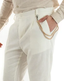 Pantaloni Uomo Lino Tasche America Pinces Classico Sartoriale Bianco GIOSAL-P5792A