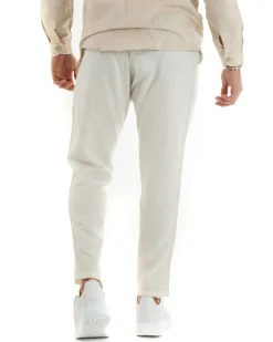 Pantaloni Uomo Lino Tasche America Pinces Classico Sartoriale Bianco GIOSAL-P5792A