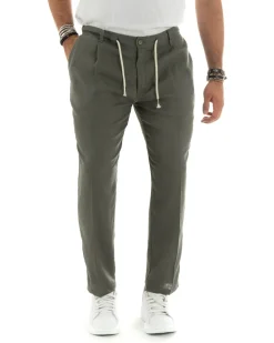 Pantaloni uomo lino tasche america elastico sul retro pinces laccio verde GIOSAL-P5835A