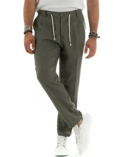 Pantaloni uomo lino tasche america elastico sul retro pinces laccio verde GIOSAL-P5835A