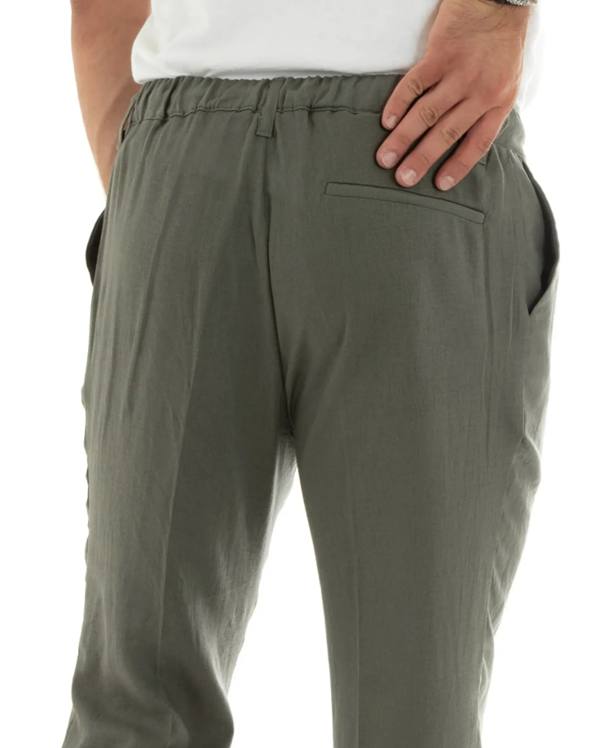 Pantaloni uomo lino tasche america elastico sul retro pinces laccio verde GIOSAL-P5835A