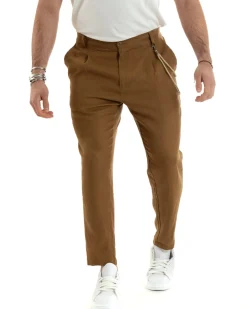Pantaloni Uomo Lino Tasche America Pinces Classico Sartoriale Camel GIOSAL-P5794A