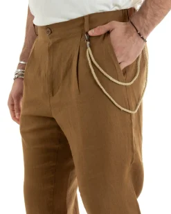 Pantaloni Uomo Lino Tasche America Pinces Classico Sartoriale Camel GIOSAL-P5794A