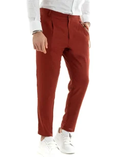 Pantaloni Uomo Lino Tasche America Pinces Classico Sartoriale Mattone GIOSAL-P5793A