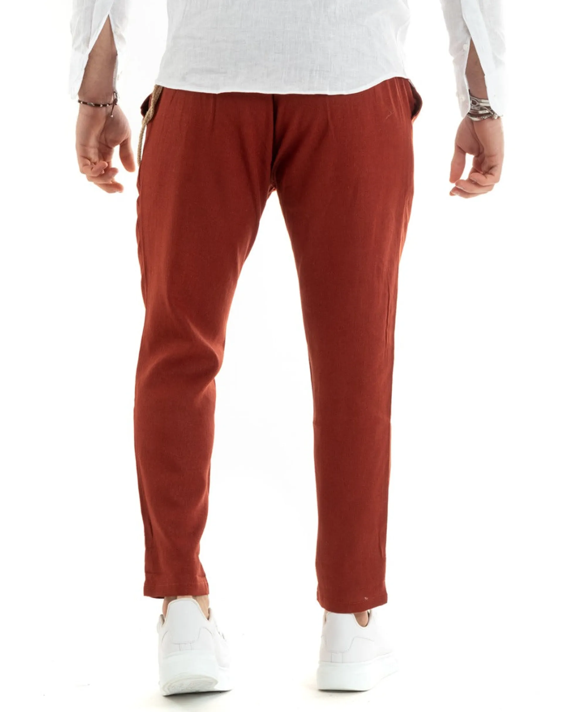 Pantaloni Uomo Lino Tasche America Pinces Classico Sartoriale Mattone GIOSAL-P5793A