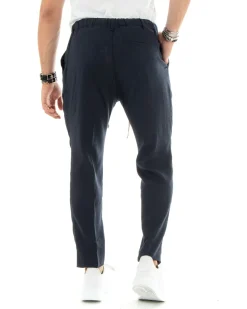 Pantaloni uomo lino tasche america elastico sul retro pinces laccio blu GIOSAL-P5837A