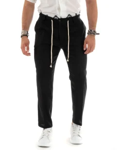 Pantaloni uomo lino tasche america elastico sul retro pinces laccio nero GIOSAL-P5832A