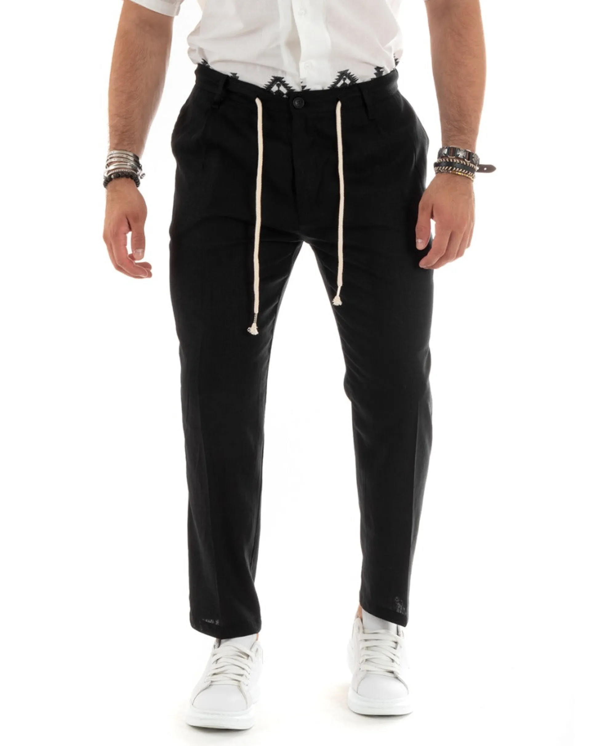 Pantaloni uomo lino tasche america elastico sul retro pinces laccio nero GIOSAL-P5832A