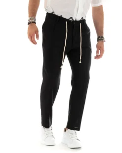 Pantaloni uomo lino tasche america elastico sul retro pinces laccio nero GIOSAL-P5832A