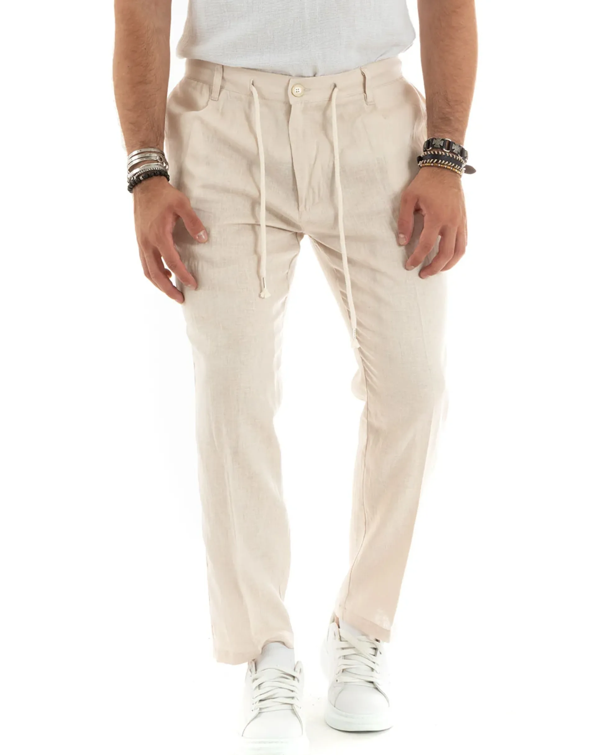 Pantaloni uomo lino tasche america elastico sul retro pinces laccio beige chiaro GIOSAL-P6113A