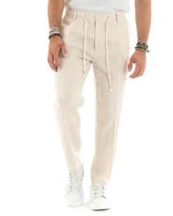 Pantaloni uomo lino tasche america elastico sul retro pinces laccio beige chiaro GIOSAL-P6113A