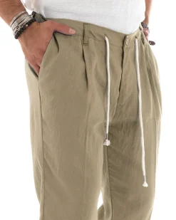 Pantaloni uomo lino tasche america elastico sul retro pinces laccio fango GIOSAL-P6103A