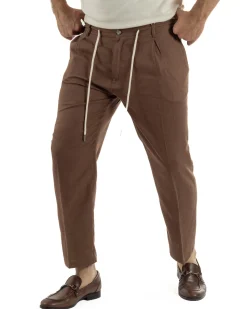 Pantaloni uomo lino tasche america elastico sul retro pinces laccio marrone GIOSAL-P6498A
